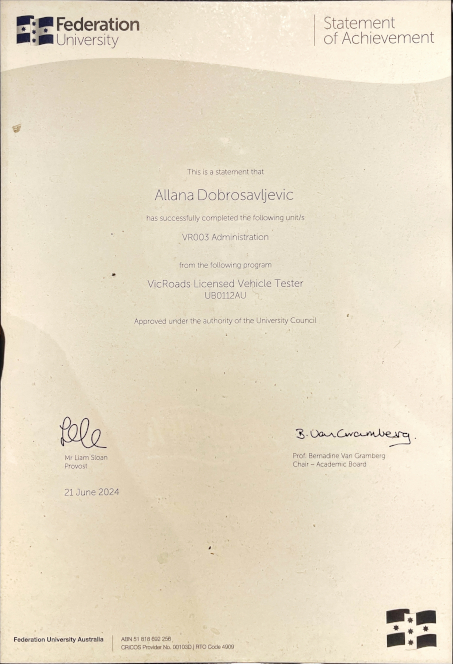 Allana Dobrosavljevic - Vic Roads Licensed Vehicle Tester Certificate - UB0112AU - Click for PDF
